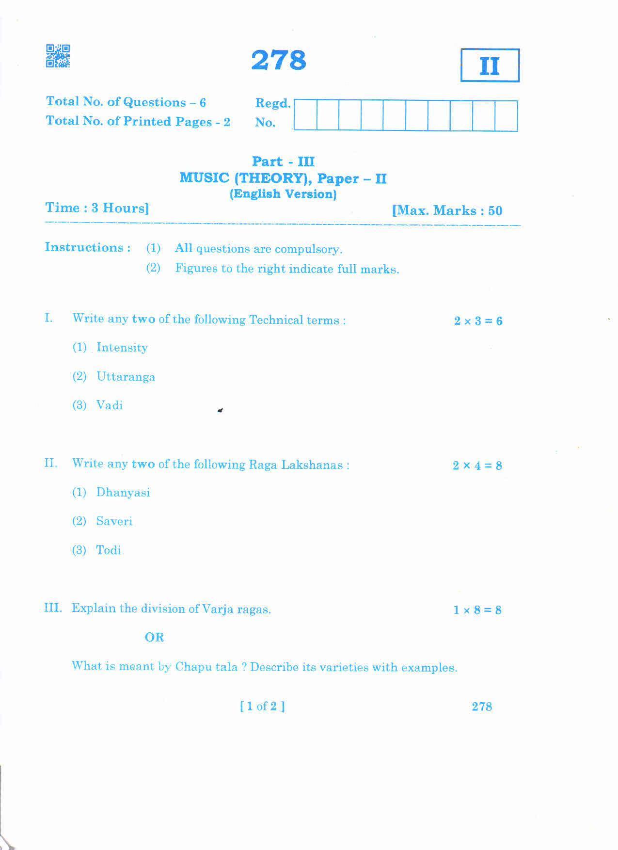AP 2nd Year General Question Paper March - 2020 - MUSIC(THEORY)-II(EM) - Page 1