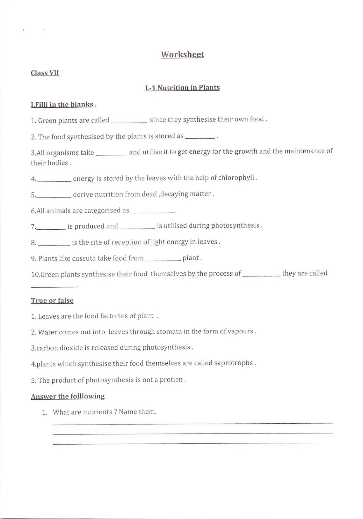 CBSE Worksheets for Class 6 Science Nutrition in Plants Assignment - Page 1