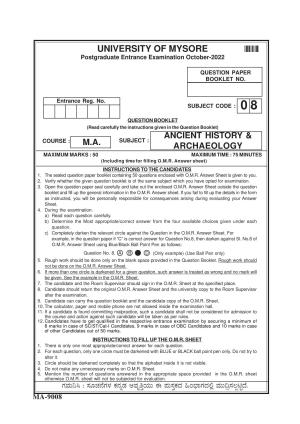Mysore University PG Entrance Exam 2022: Ancient History and Archaeology Question Papers