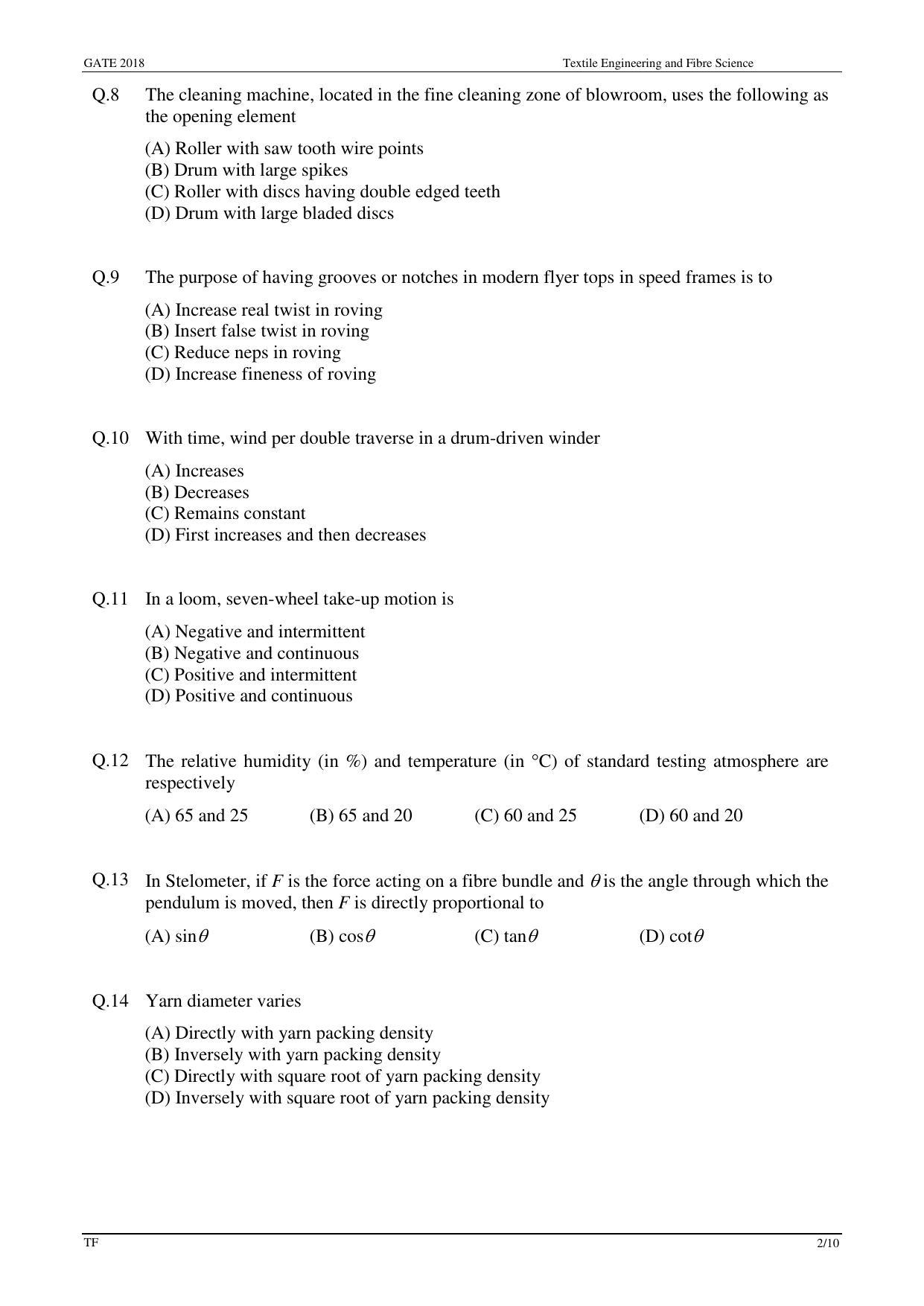 GATE 2018 Textile Engineering and Fibre Science (TF) Question Paper with Answer Key - Page 4