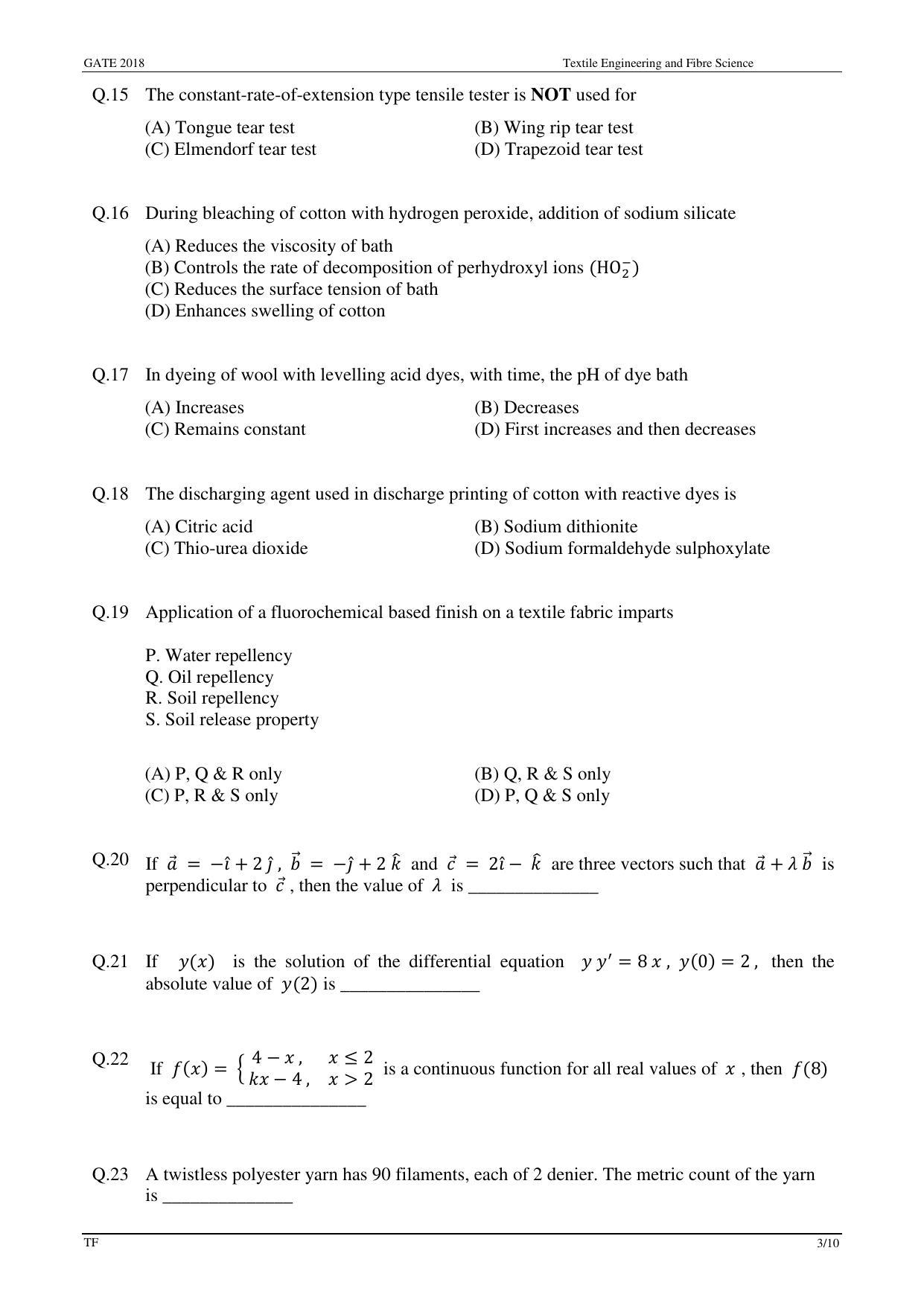 GATE 2018 Textile Engineering and Fibre Science (TF) Question Paper with Answer Key - Page 5