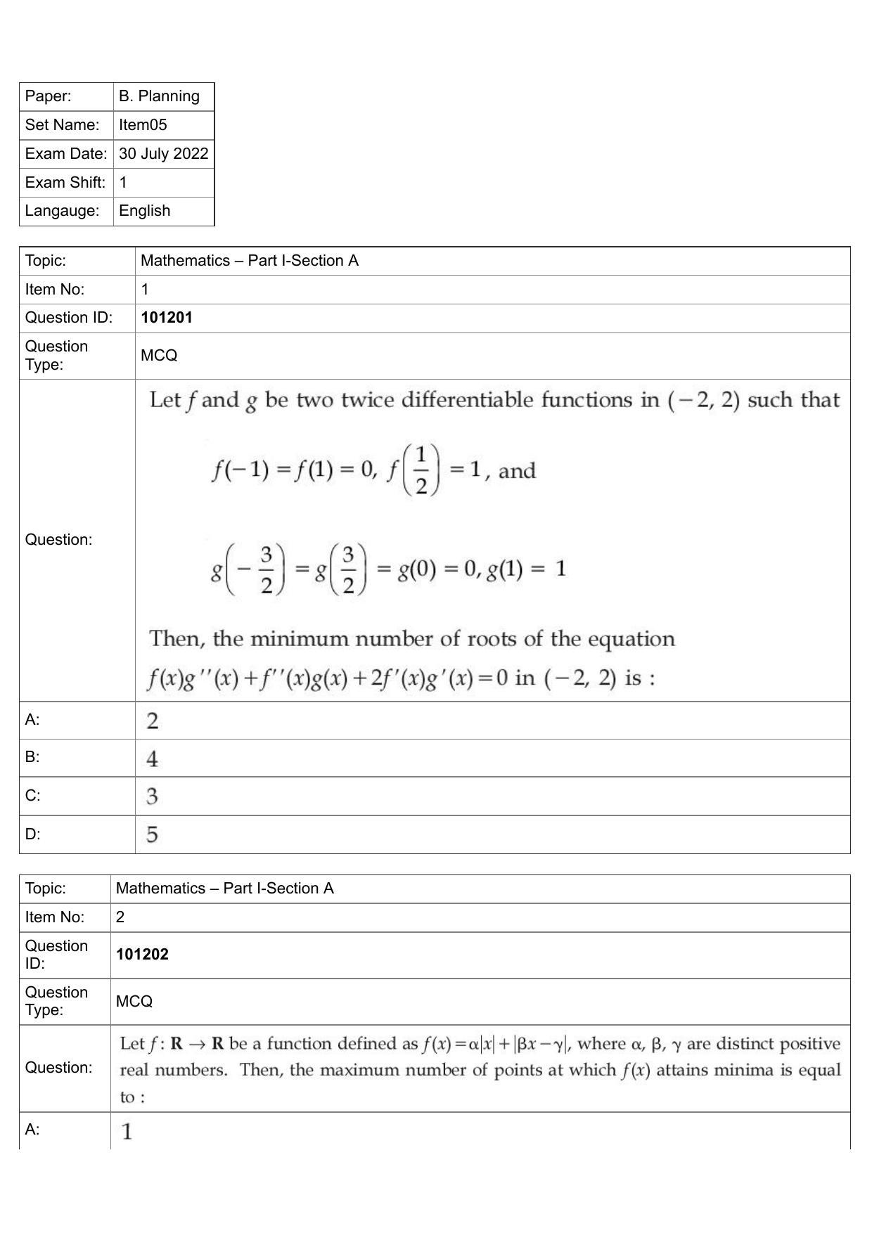 JEE Mains 2022: B Planning English (Shift 1) 30-07-2022 Question Paper - Page 1