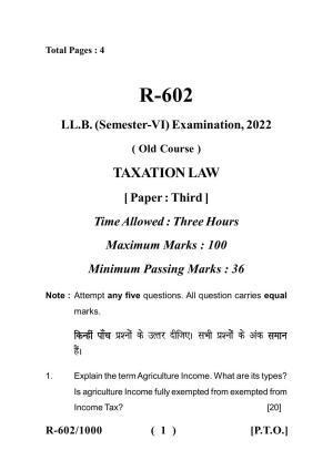 Sarguja University Question Paper - 2022 : LL.B. VI Sem. (Old Course) Taxation LawPaper 1