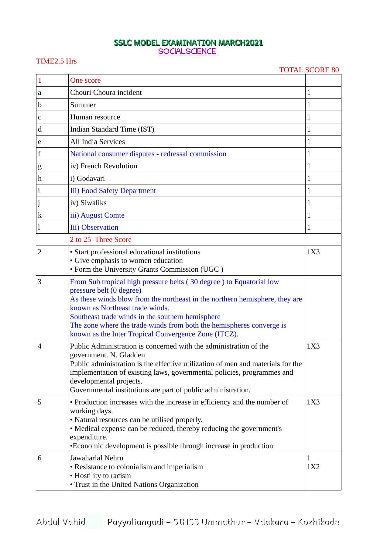Kerala SSLC 2021 Social Science Answer key (EM) (Model) - Page 1