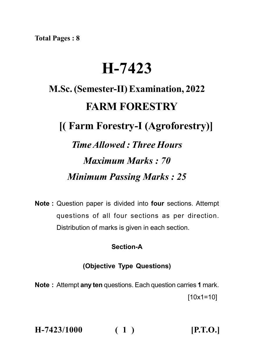 Sarguja University Question Paper July-2022 : M.Sc.In Farm-Forestry(Second Sem.)Farm Forestry-I (Agro-Forestry) Paper 1 - Page 1