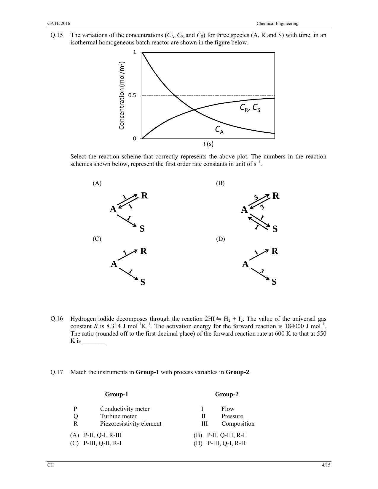 GATE 2016 Chemical Engineering (CH) Question Paper with Answer Key - Page 7