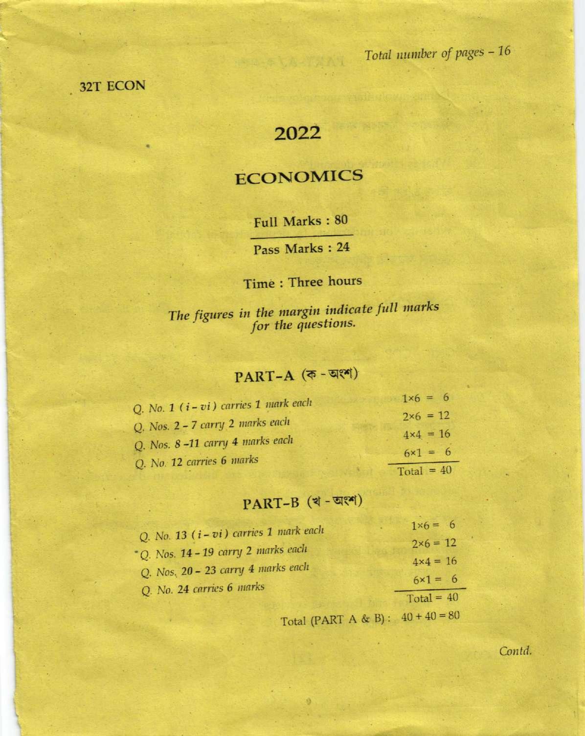 Assam HS 2nd Year Economics 2022 Question Paper - Page 1