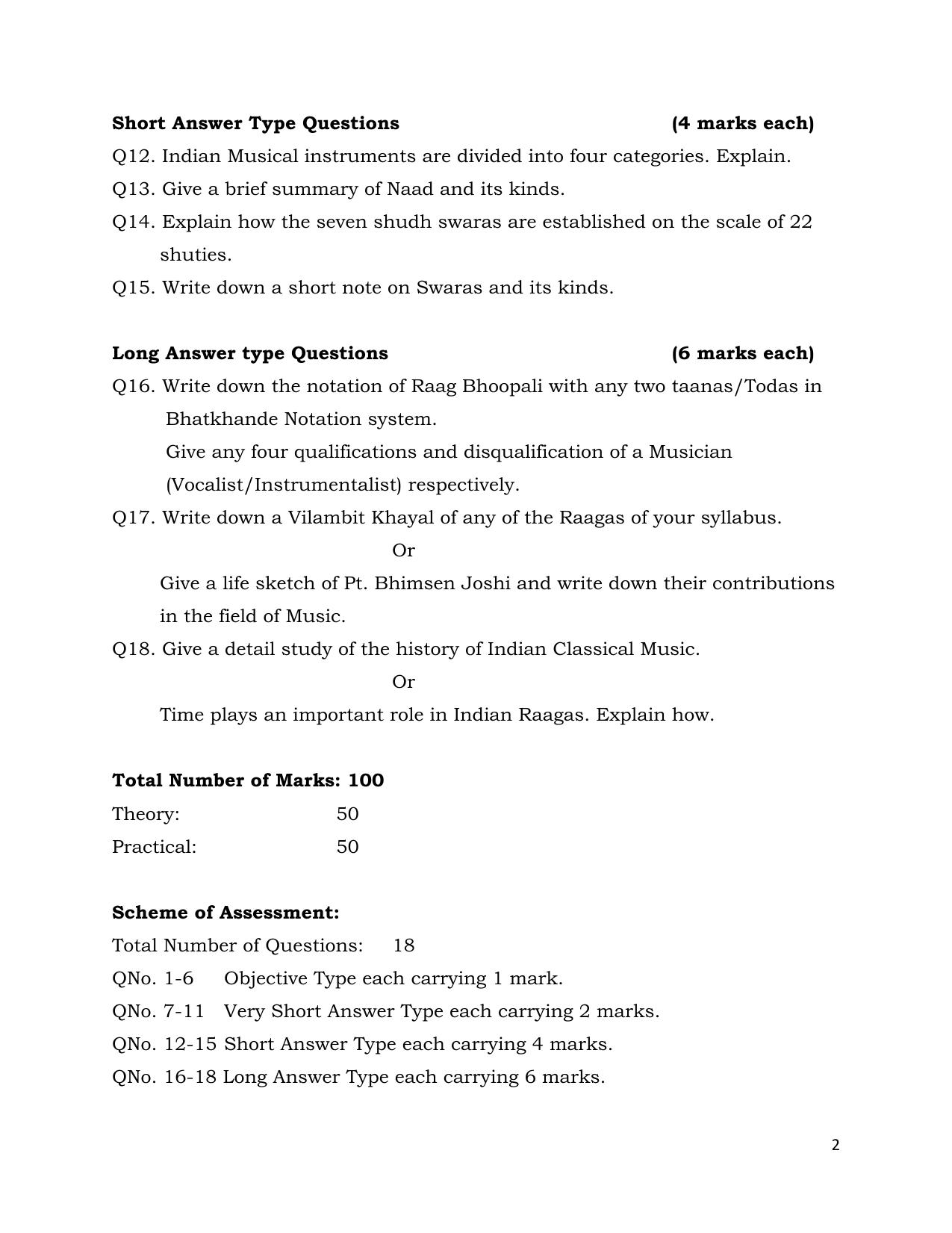 JKBOSE Class 12 Music Model Question Paper - Page 2