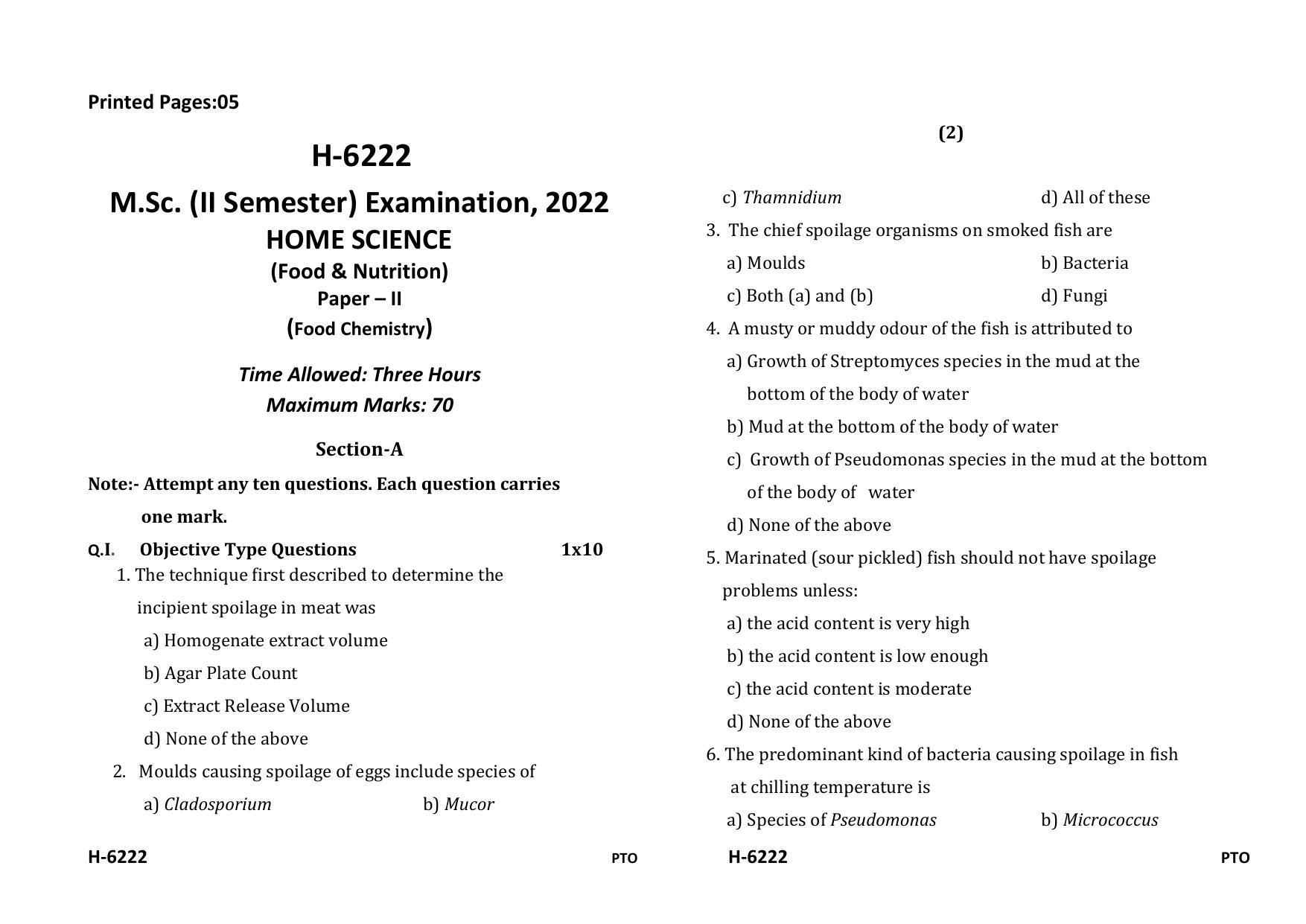 Sarguja University Question Paper July-2022 :  M.Sc. In Home Science (Food & Nutrition)(Second Sem.)Food Chemistry Paper 1 - Page 1