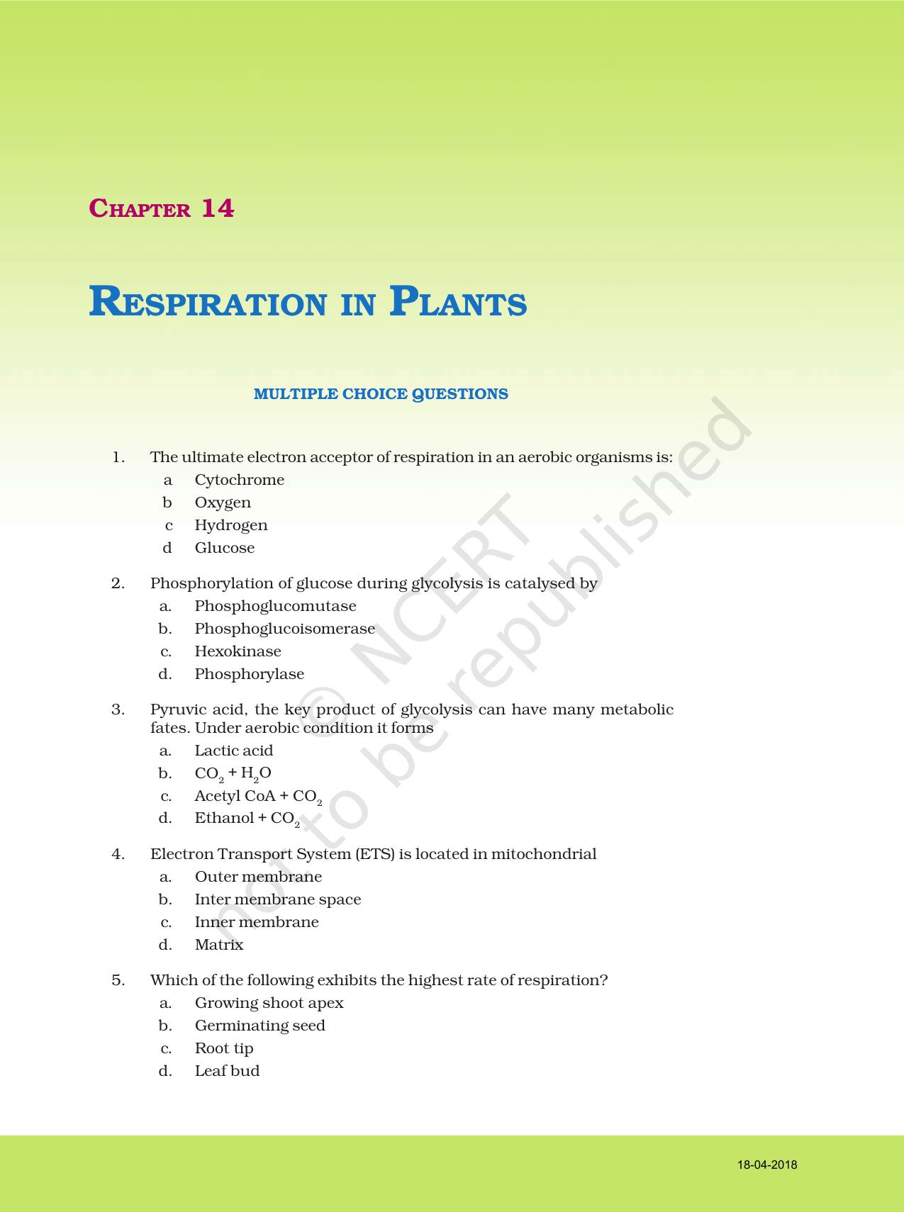 NCERT Exemplar Book for Class 11 Biology: Chapter 14 Respiration in Plants - Page 1