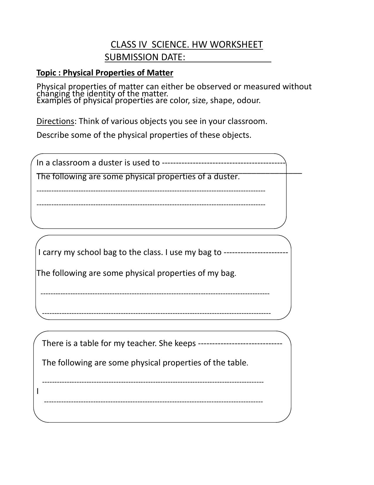 Worksheet for Class 4 Science Physical Properties of Matter Assignment - Page 1