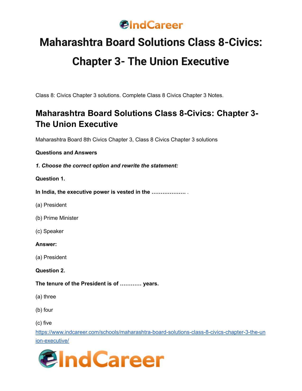 Maharashtra Board Solutions Class 8-Civics: Chapter 3- The Union Executive - Page 2