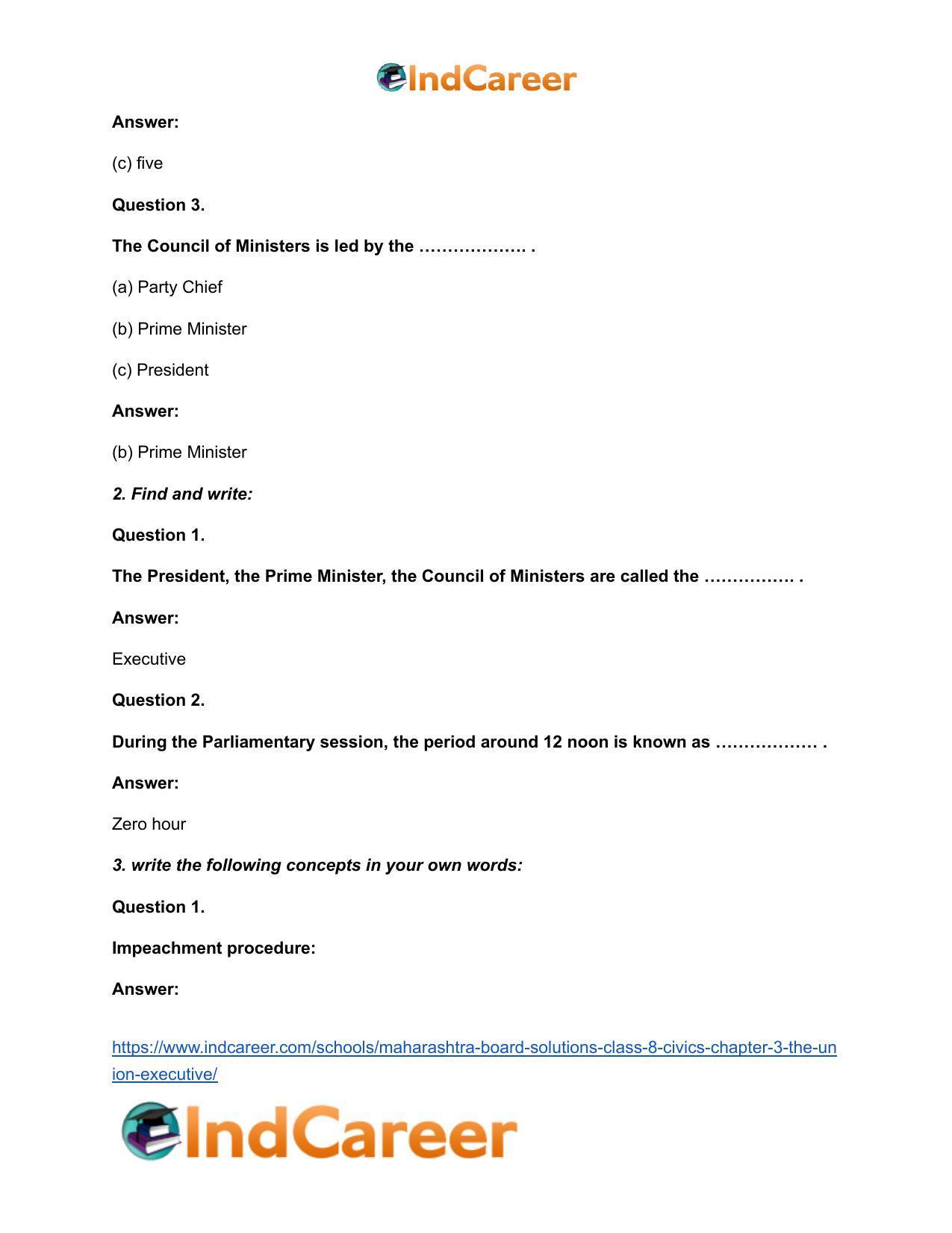 Maharashtra Board Solutions Class 8-Civics: Chapter 3- The Union Executive - Page 3