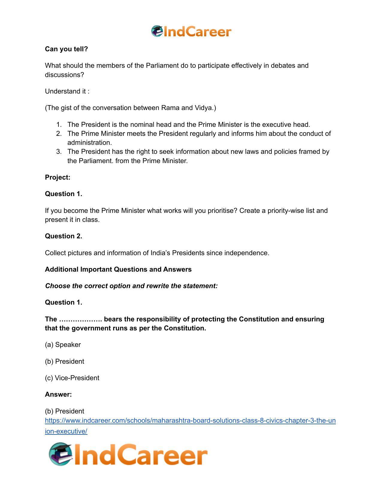 Maharashtra Board Solutions Class 8-Civics: Chapter 3- The Union Executive - Page 8