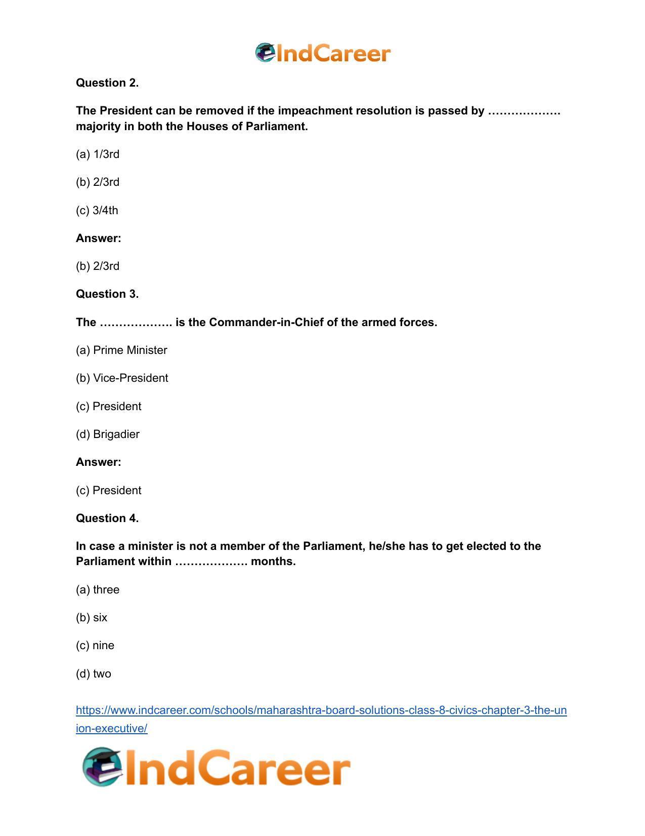 Maharashtra Board Solutions Class 8-Civics: Chapter 3- The Union Executive - Page 9