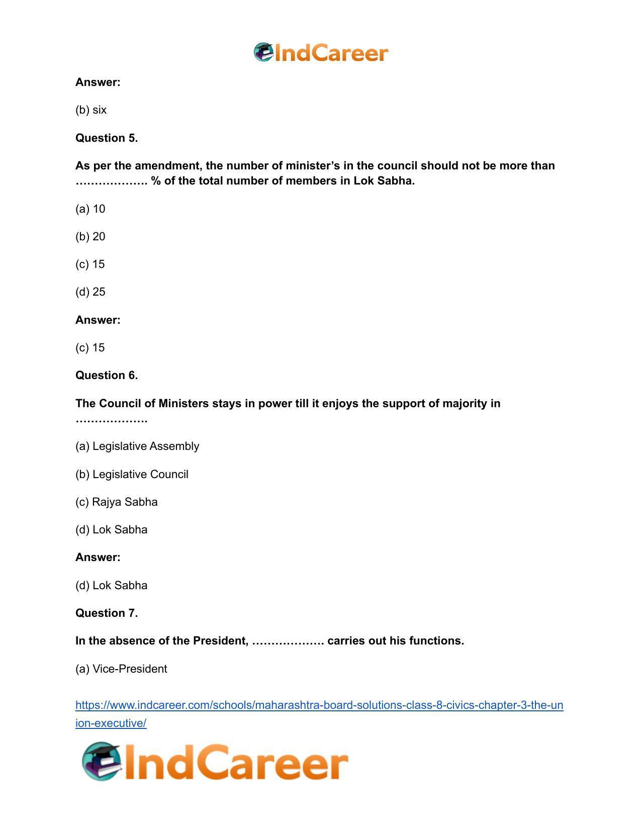 Maharashtra Board Solutions Class 8-Civics: Chapter 3- The Union Executive - Page 10