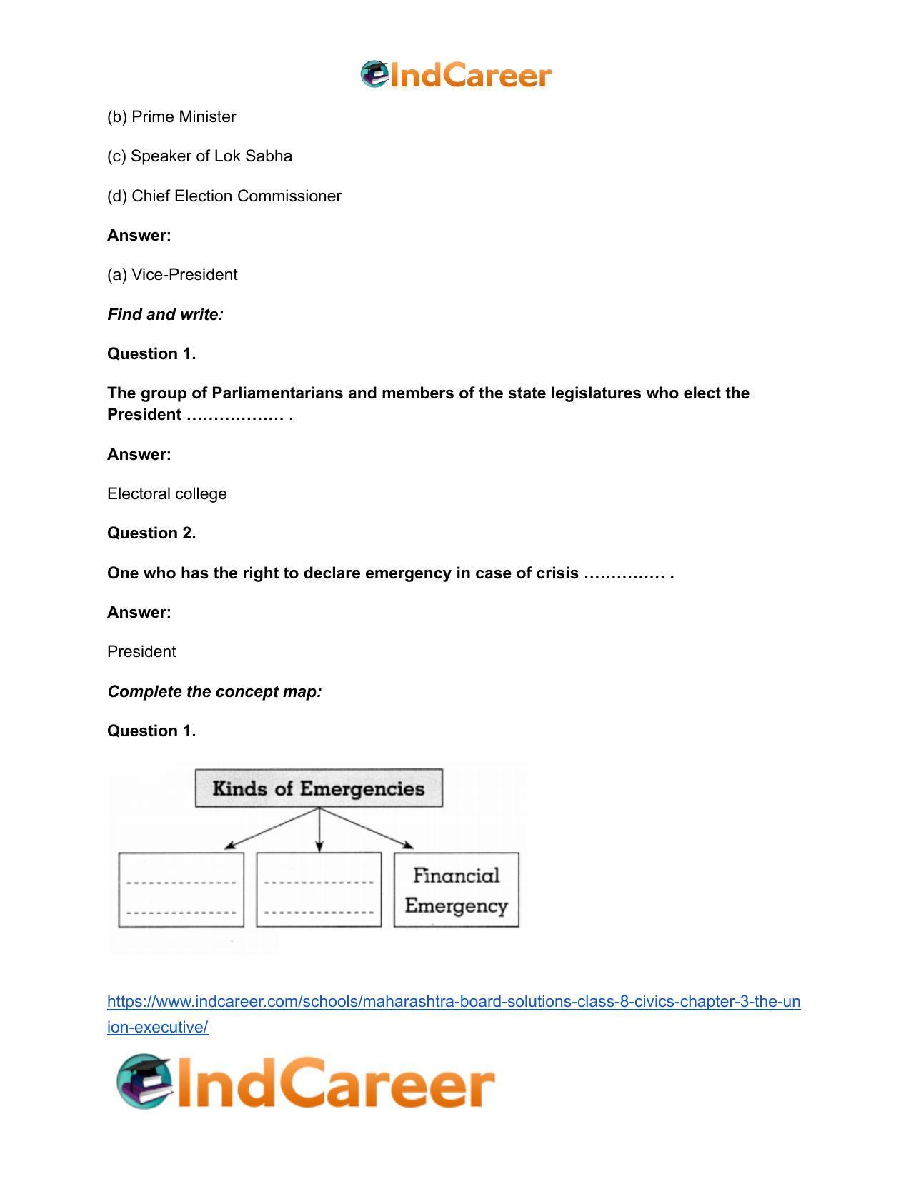 Maharashtra Board Solutions Class 8-Civics: Chapter 3- The Union Executive - Page 11