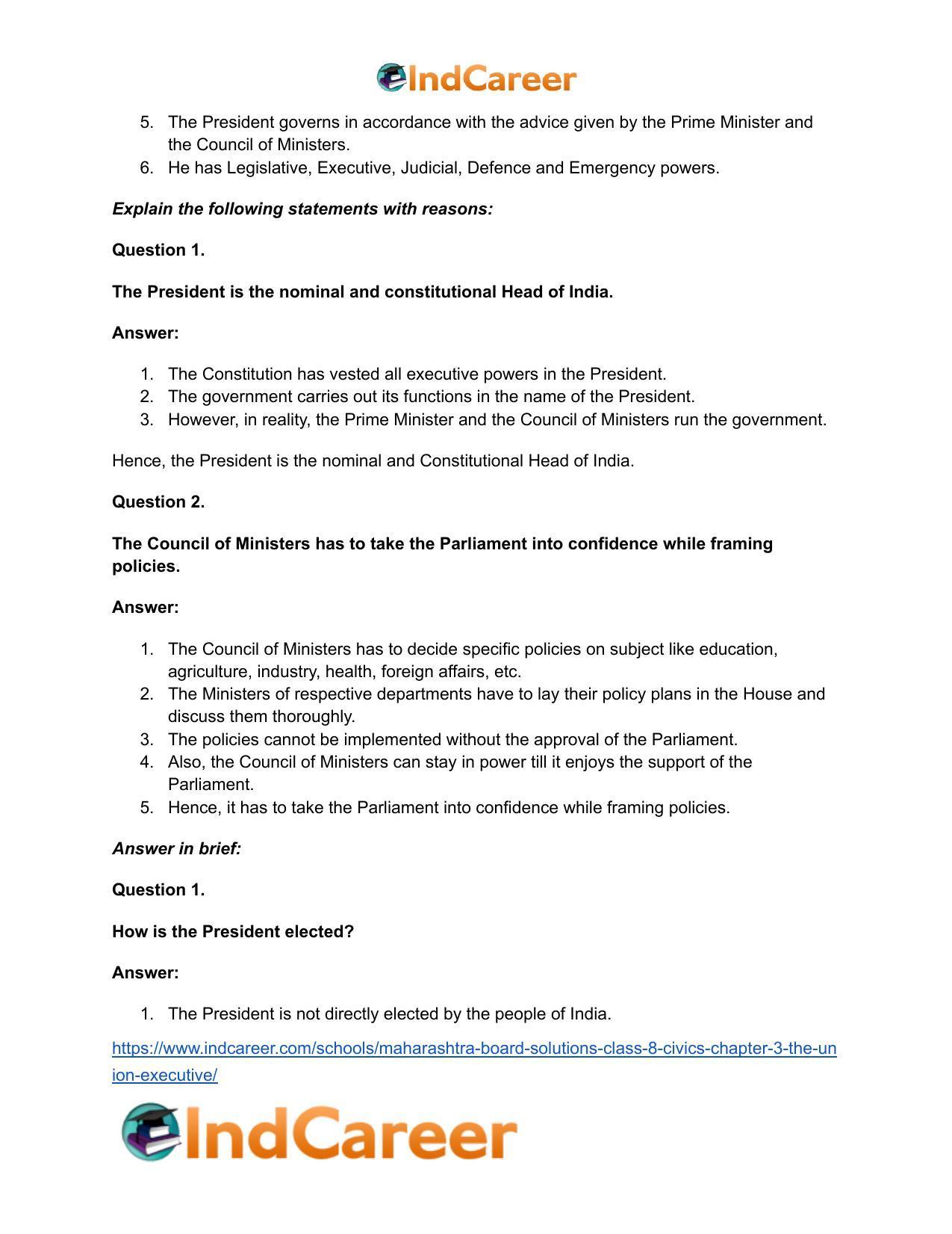 Maharashtra Board Solutions Class 8-Civics: Chapter 3- The Union Executive - Page 13