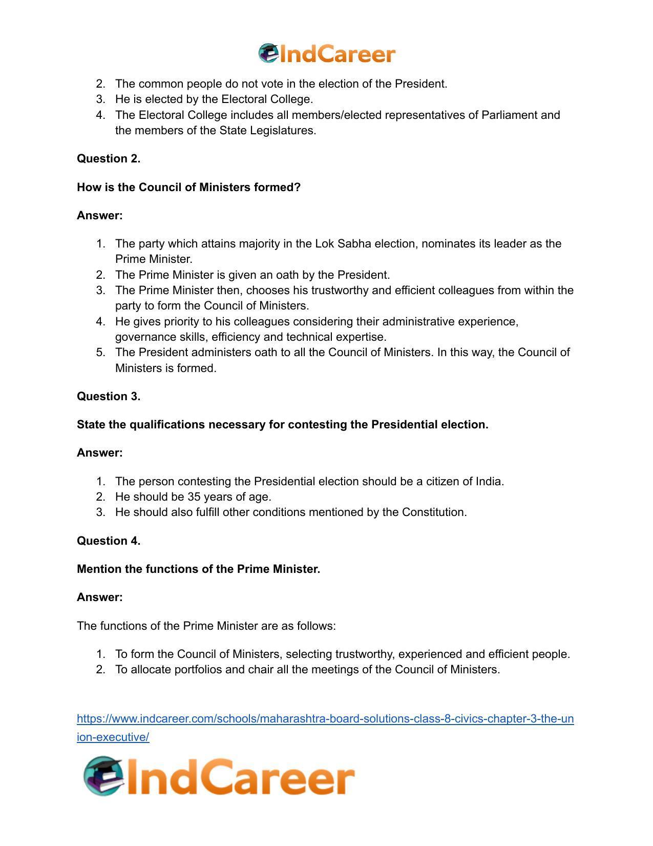 Maharashtra Board Solutions Class 8-Civics: Chapter 3- The Union Executive - Page 14