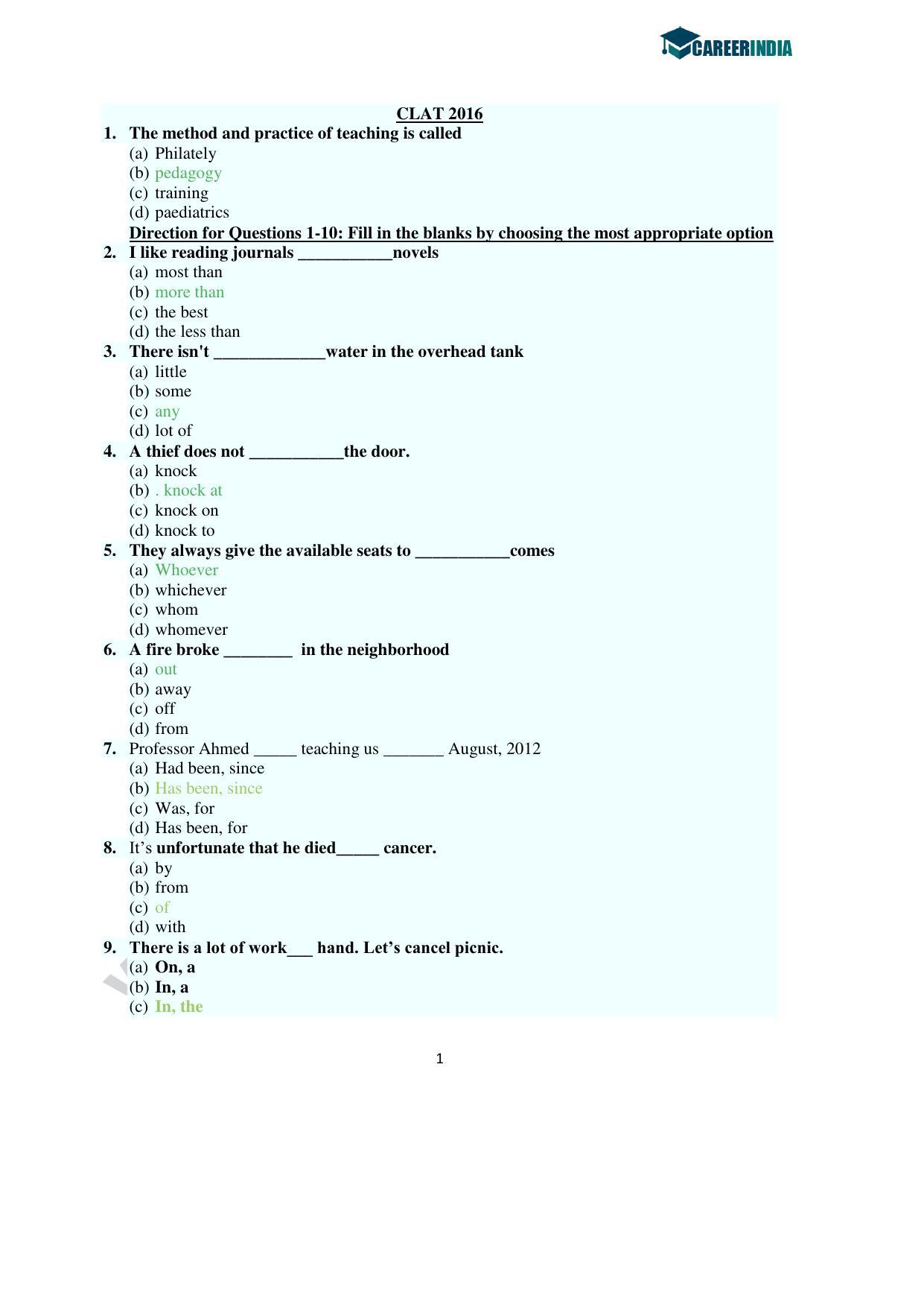 CLAT 2016 UG Question Paper with Answer Key - Page 1