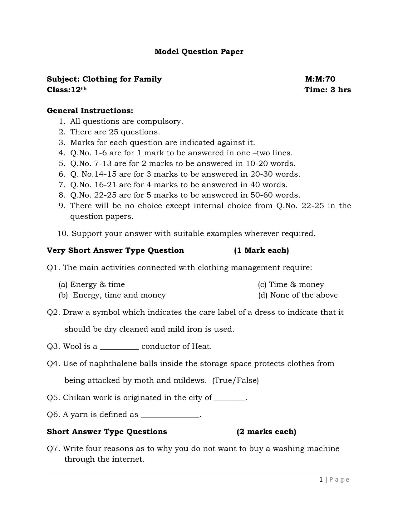 JKBOSE Class 12 Clothing for Family Model Question Paper - Page 1