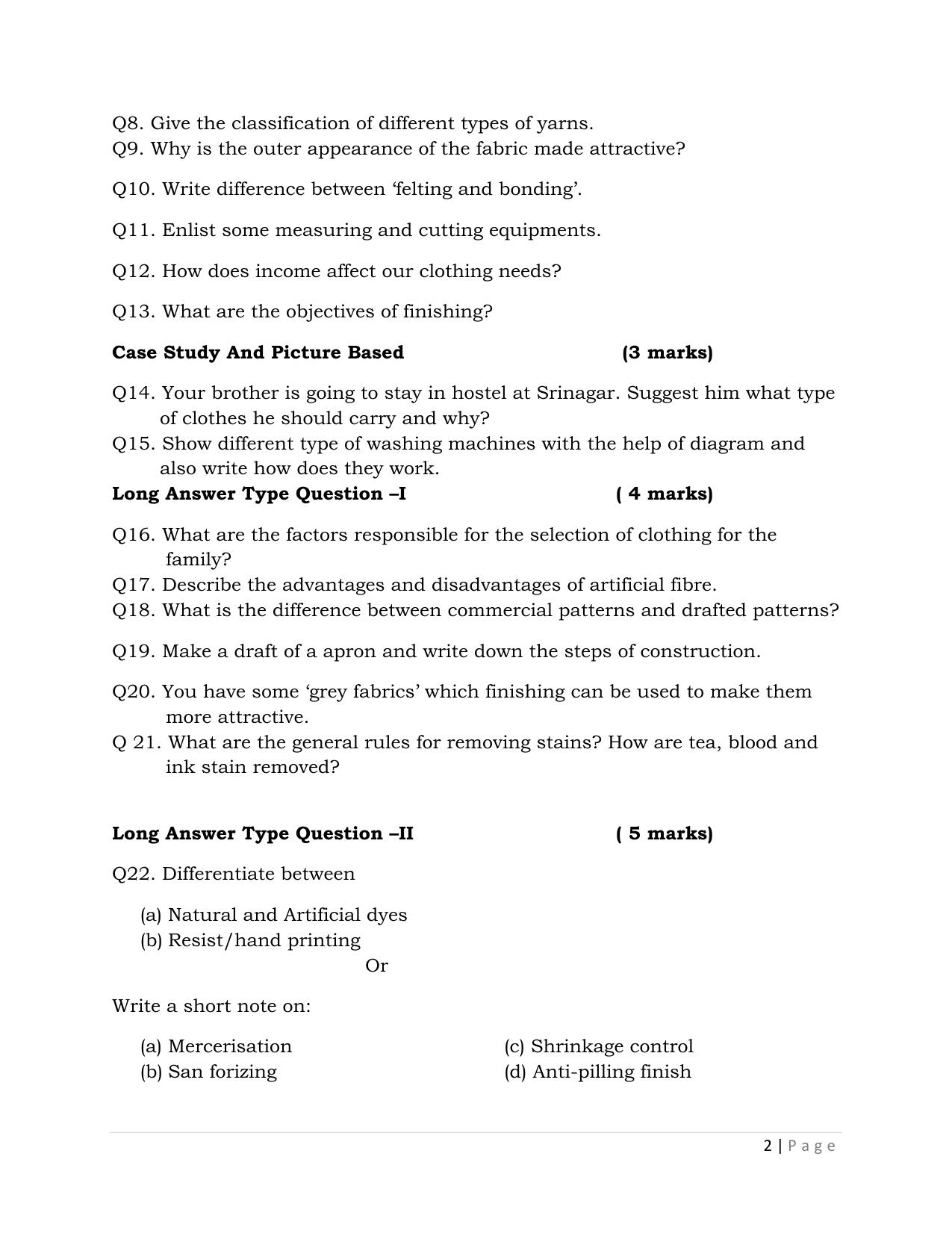 JKBOSE Class 12 Clothing for Family Model Question Paper - Page 2