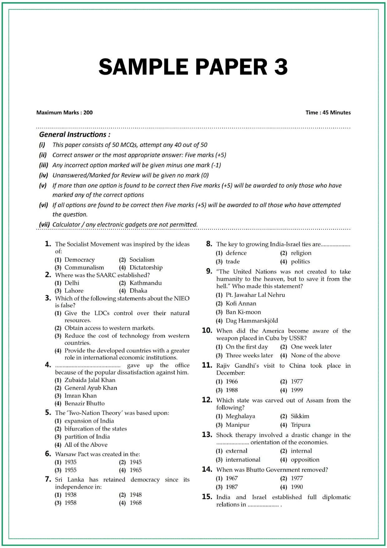 CUET Political Science Sample Paper 3 - Page 1