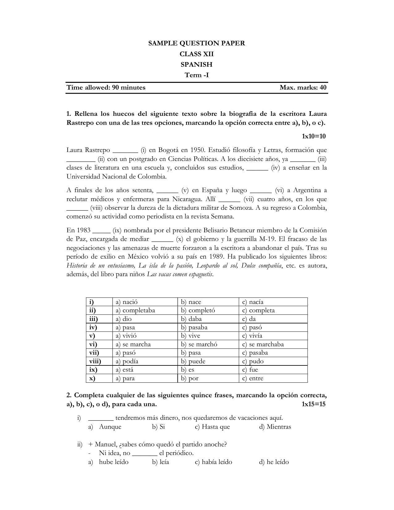 CBSE Class 12th Spanish Sample Question Paper 2021-22 - Page 1