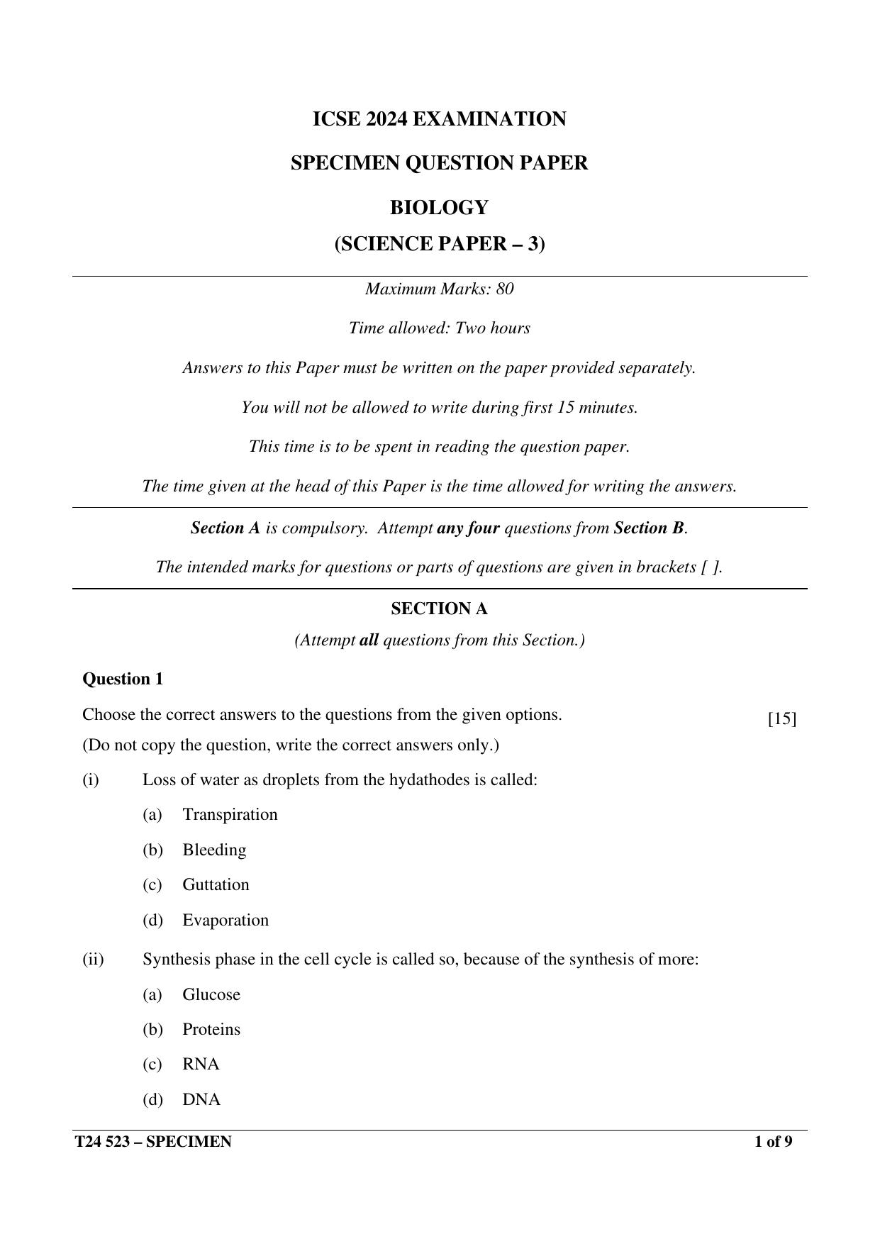 ICSE Class 10 2024 Biology Sample Paper - Page 1