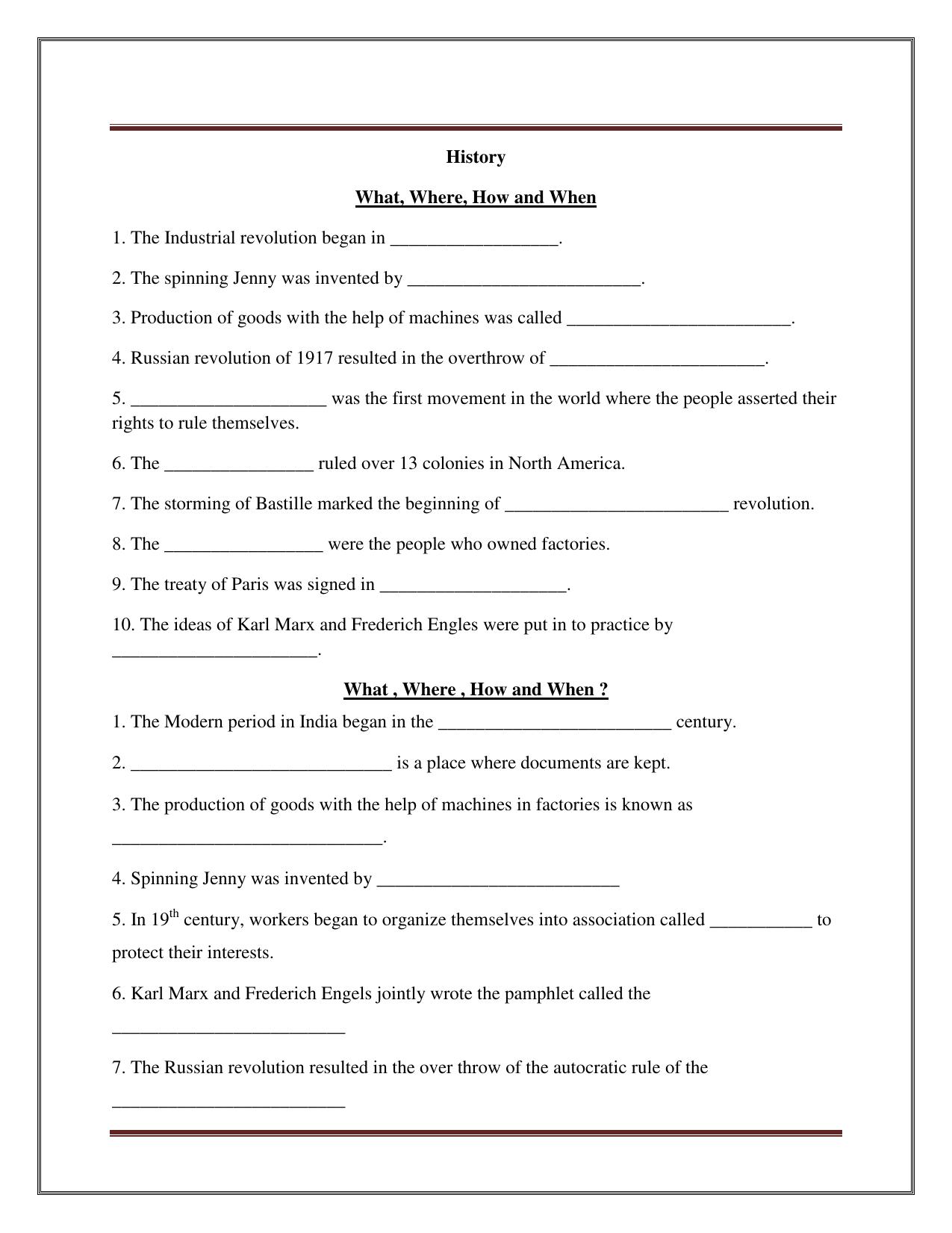 CBSE Worksheets for Class 8 Social Science What, Where, How and When Assignment - Page 1