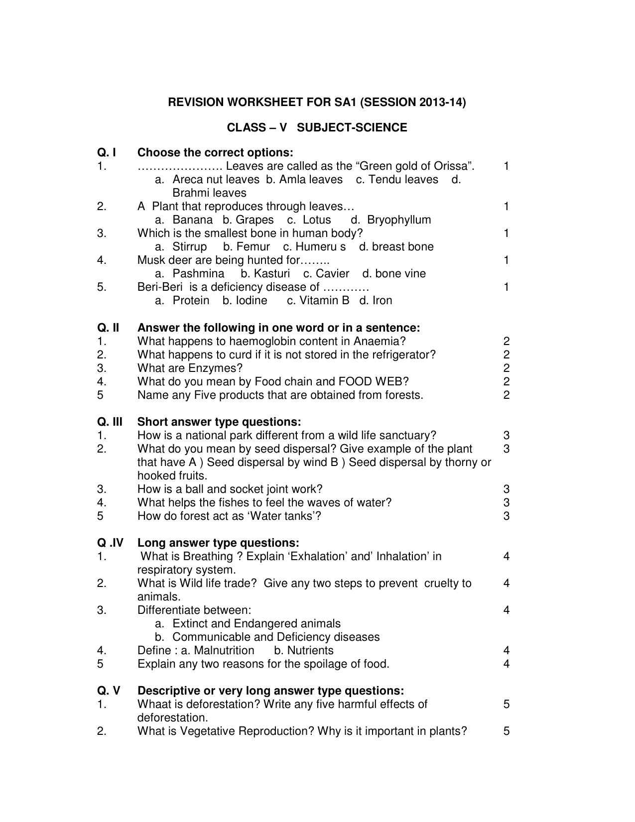 Worksheet for Class 5 Science Assignment 5 - Page 1
