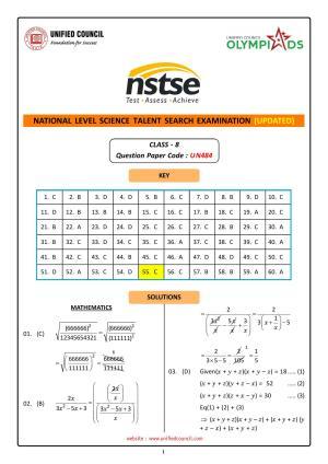 NSTSE 2023 Class 8 Answer Key (Paper Code 484)
