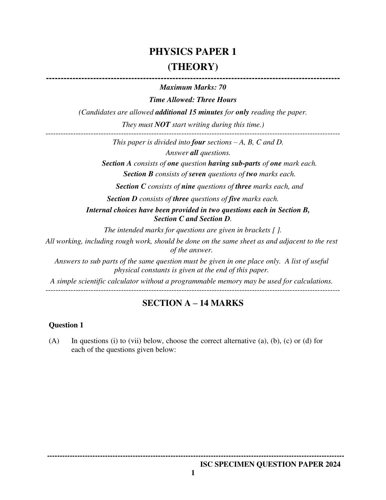 ISC Class 12 2024 PHYSICS PAPER 1 Sample Paper - Page 1