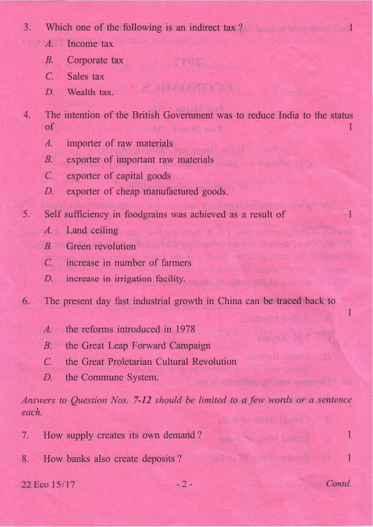 COHSEM Class 12 Economics 2017 Question Papers - Page 2