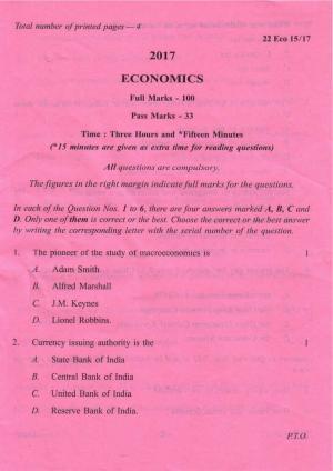 COHSEM Class 12 Economics 2017 Question Papers