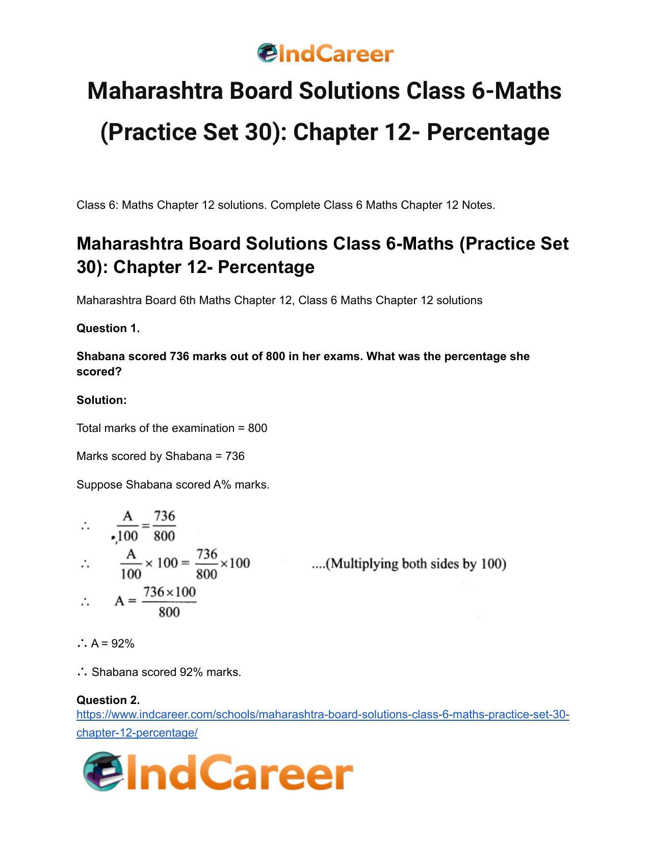 Maharashtra Board Solutions Class 6-Maths (Practice Set 30): Chapter 12- Percentage - Page 2