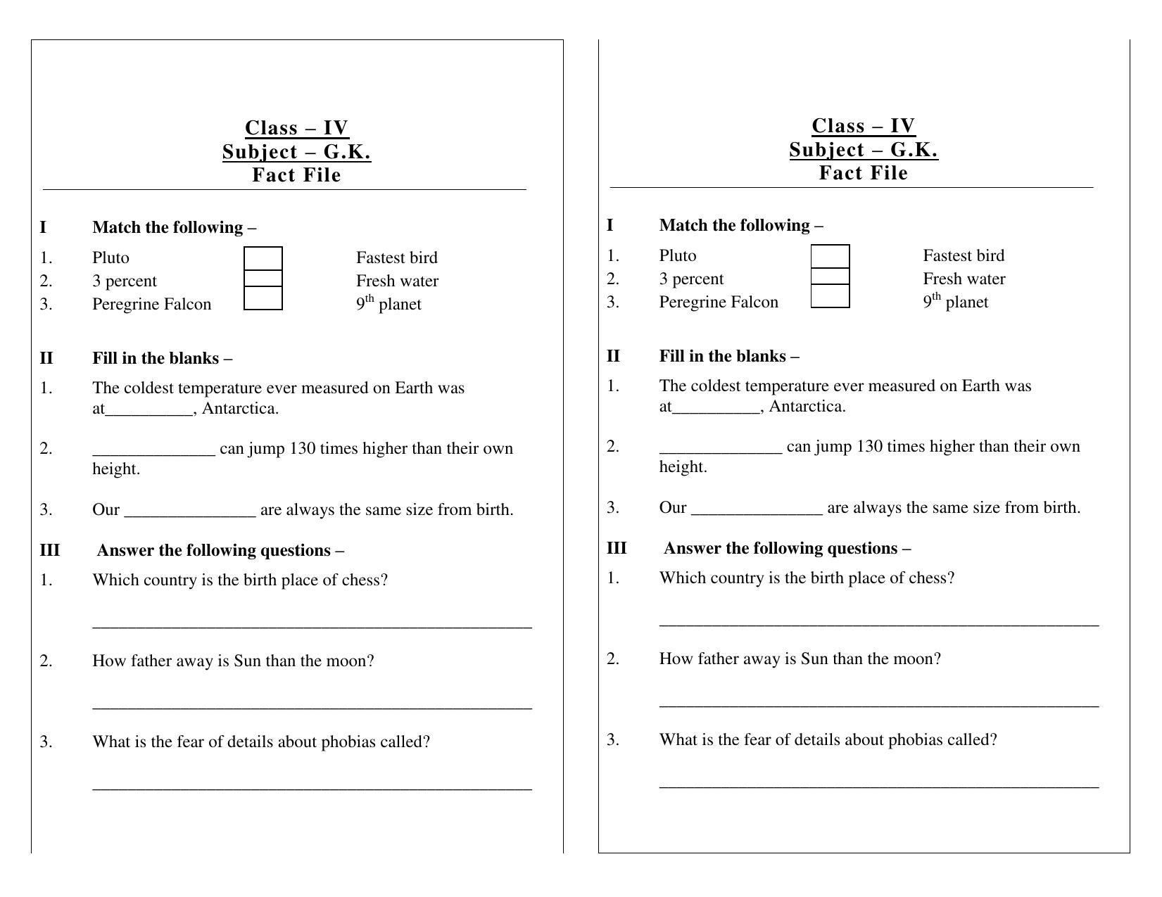 Worksheet for Class 4 General Knowledge Fad File Assignment 13 - Page 1