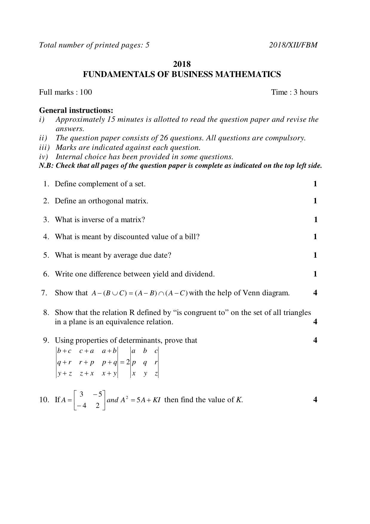 Nagaland Board Class 12 FUNDAMENTALS OF BUSINESS MATHEMATICS 2018 Question Papers - Page 1