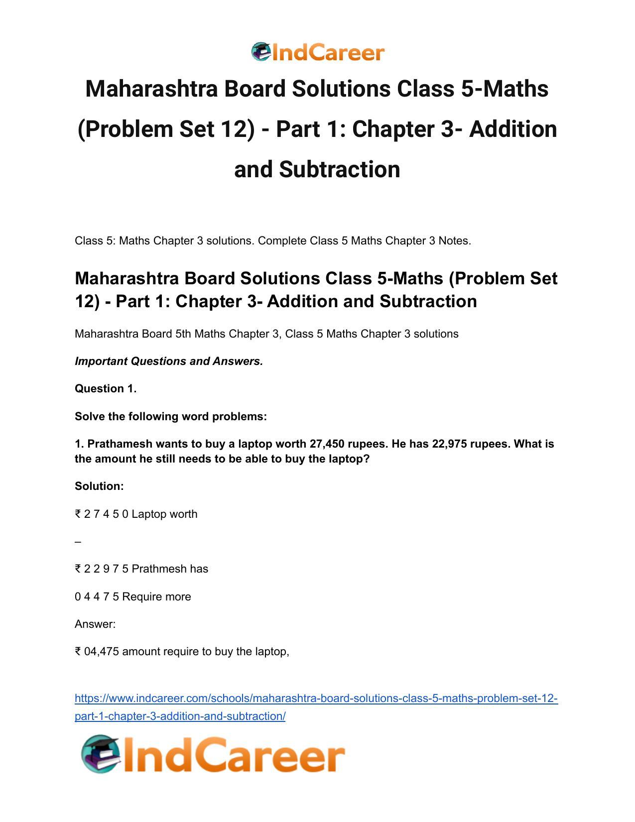 Maharashtra Board Solutions Class 5-Maths (Problem Set 12) - Part 1: Chapter 3- Addition and Subtraction - Page 2