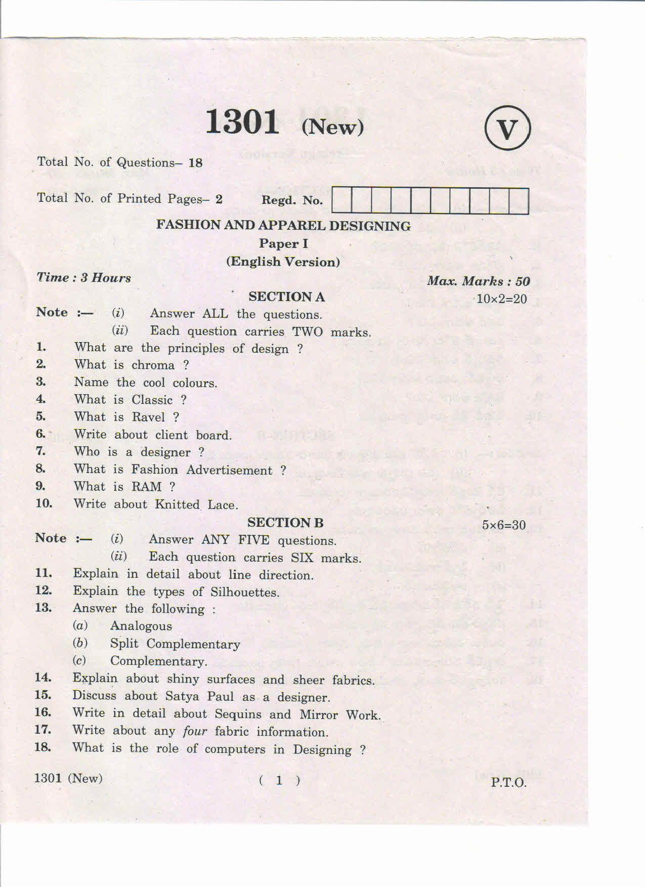 AP Inter 1st Year Fashion and Apparel Designing-I (New) March-2019-Vocational Question Paper - Page 1