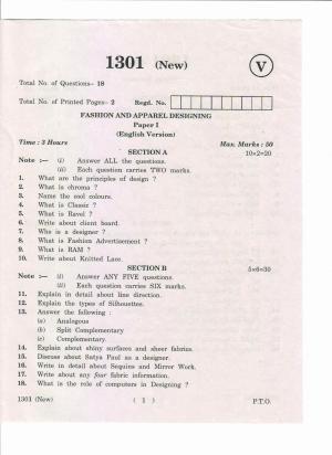 AP Inter 1st Year Fashion and Apparel Designing-I (New) March-2019-Vocational Question Paper