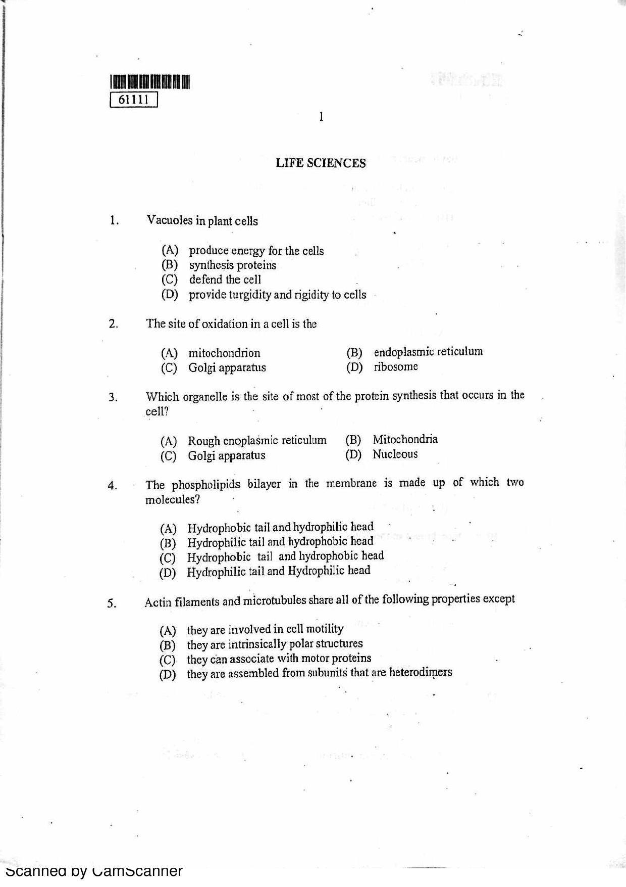 CUSAT CAT 2011 Life Science Question Paper - Page 2