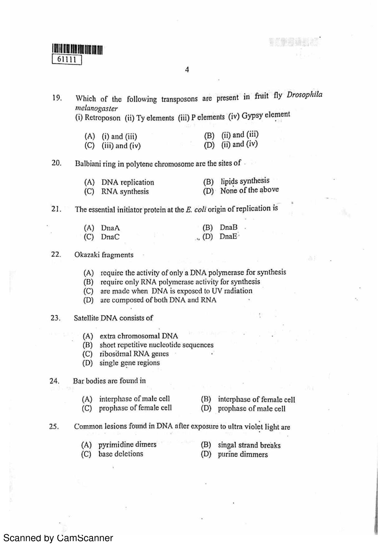 CUSAT CAT 2011 Life Science Question Paper - Page 5