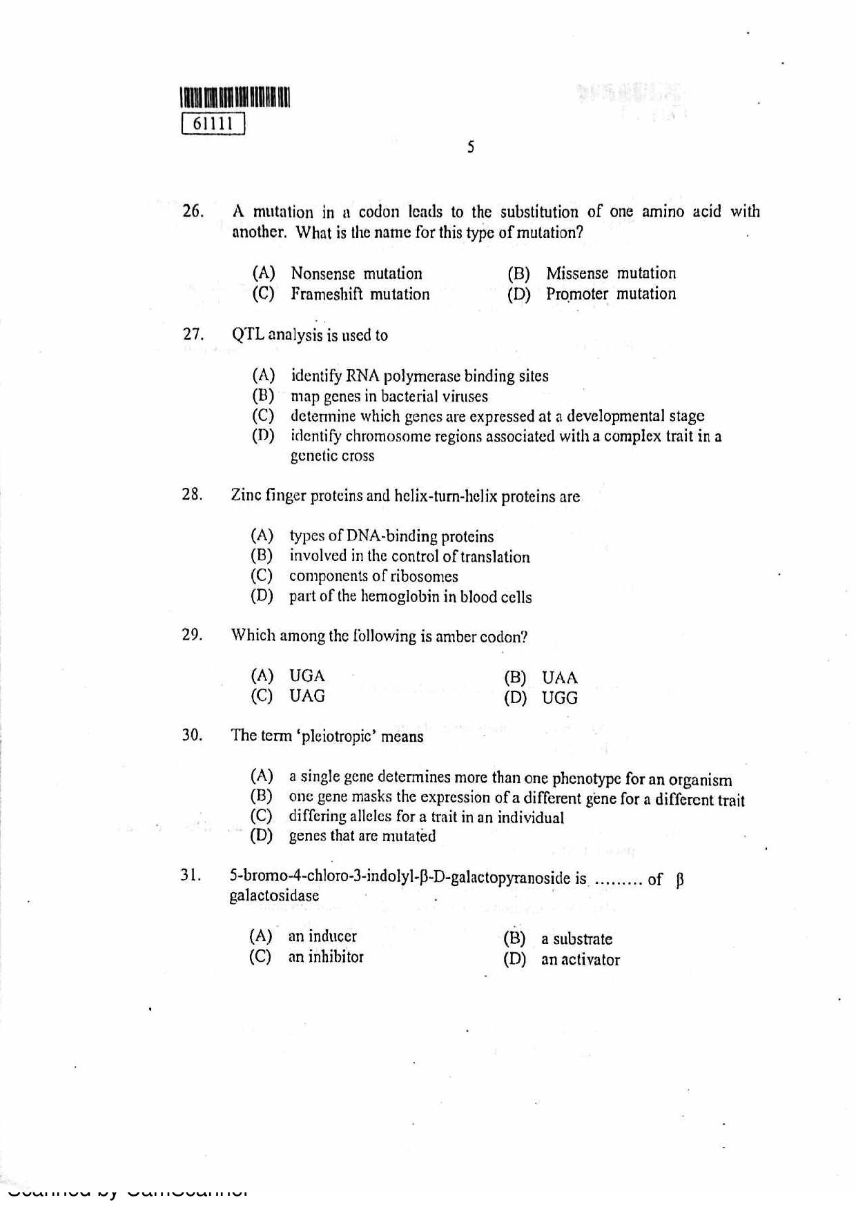 CUSAT CAT 2011 Life Science Question Paper - Page 6