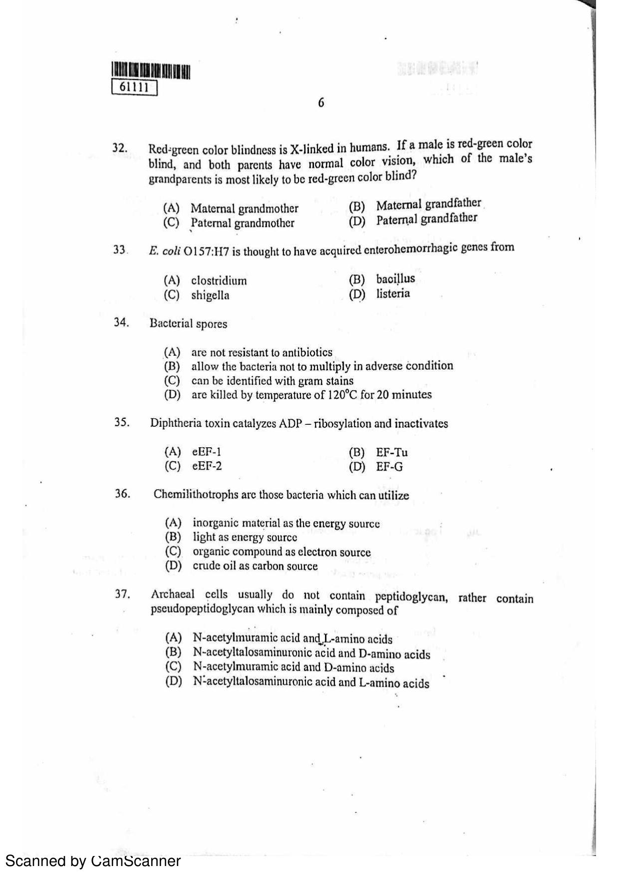 CUSAT CAT 2011 Life Science Question Paper - Page 7