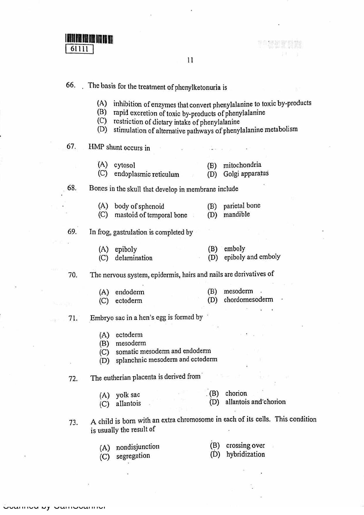 CUSAT CAT 2011 Life Science Question Paper - Page 12