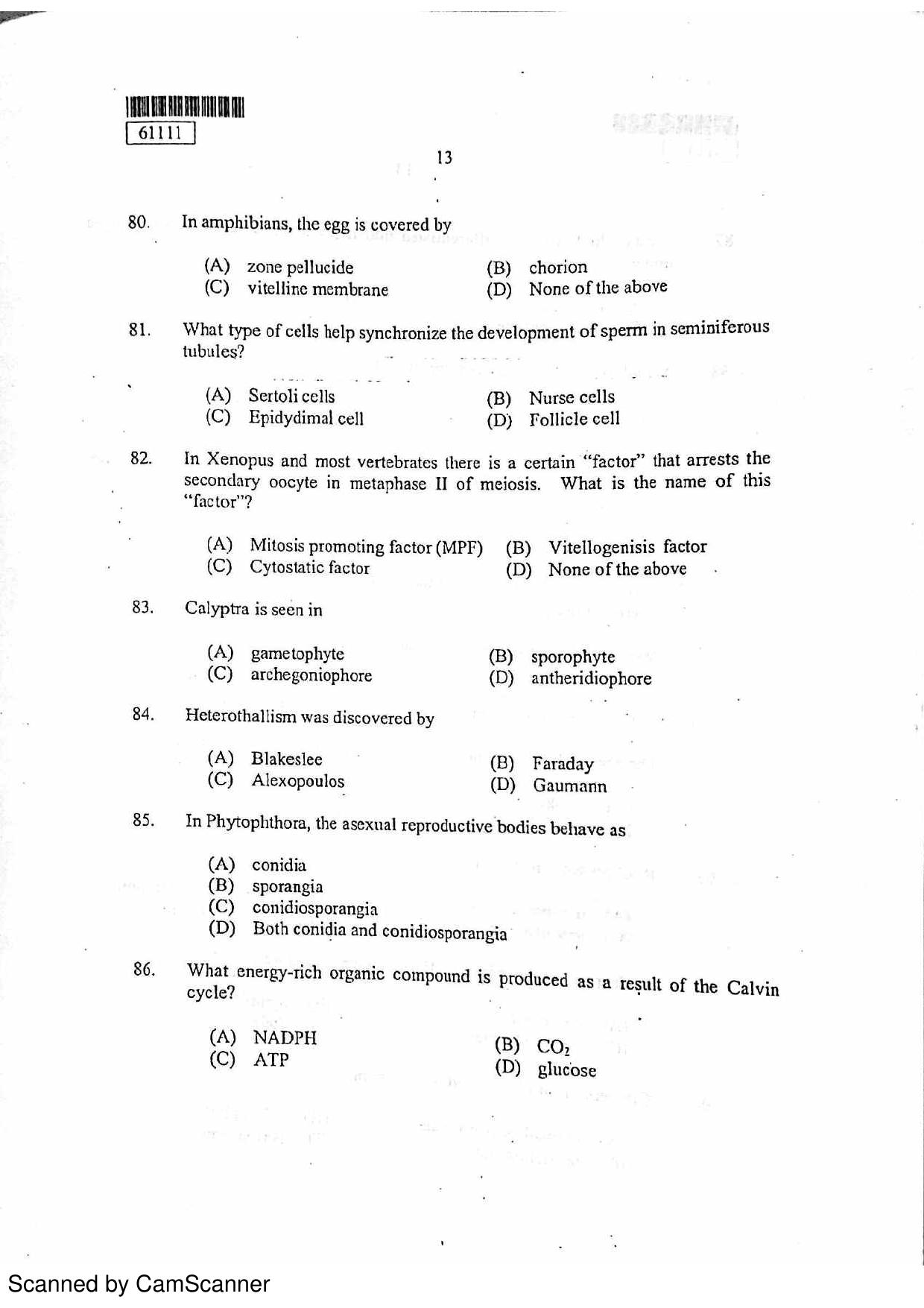 CUSAT CAT 2011 Life Science Question Paper - Page 14