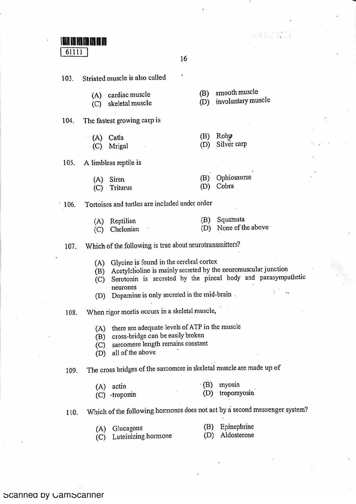 CUSAT CAT 2011 Life Science Question Paper - Page 17