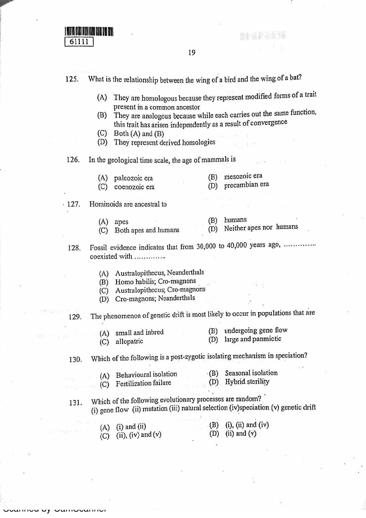 CUSAT CAT 2011 Life Science Question Paper - Page 20