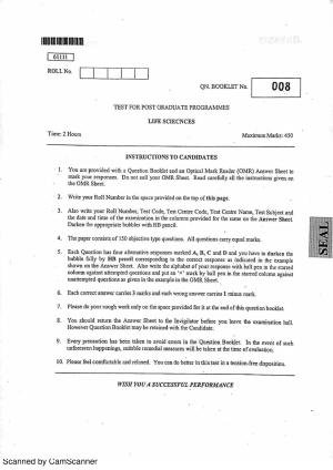 CUSAT CAT 2011 Life Science Question Paper